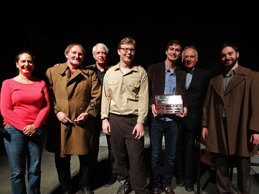 Cast and crew of BROTHERS IN ARMS. From Left to right: Tami Vaughan, Chuck Conlon, Preston Boyd (director), Jacob Schweighofer, Julien Freij (winning playwrightl), Tom Aposporos, and Alex Beach.