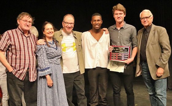 The cast and director of "Amazing Grace" share the playwright's spotlight. Left to right: Chuck Conlon, Tami Vaughan, James Kassees, Letherio Jones, Luke Valadie, and director Preston Boyd. Photo by Richard DiSammartino.