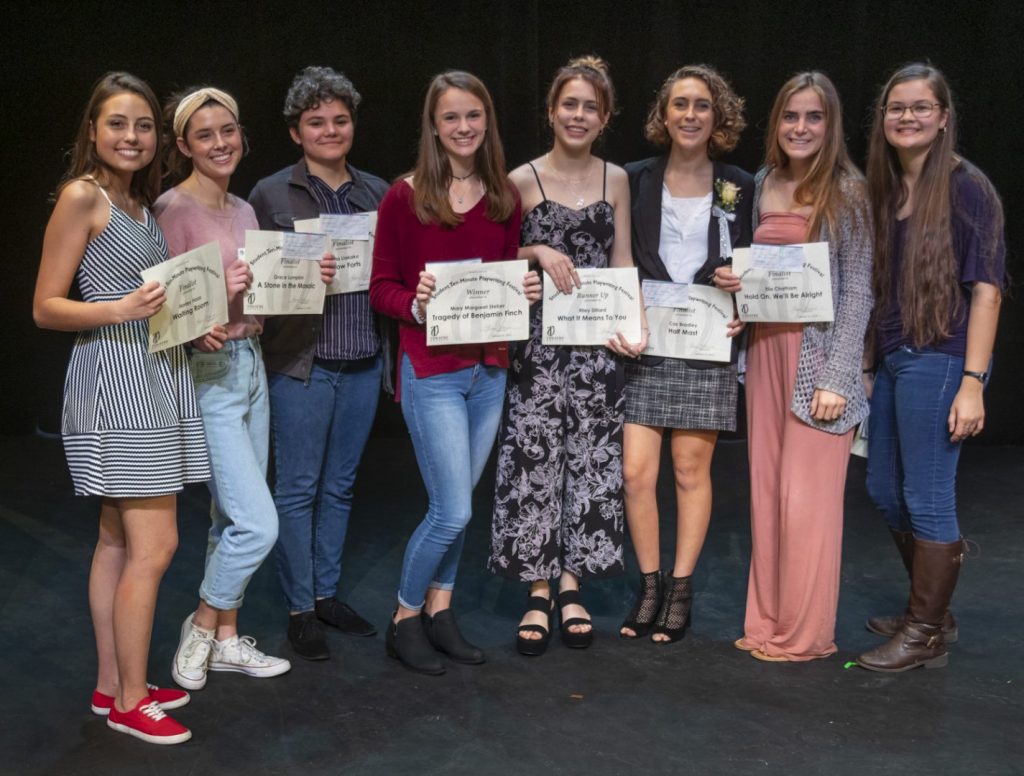 2019 Student Playwrights (L to R): Harley Haas, Grace Lumpkin, Bella Liakako, Mary Margaret Steber, Riley Dillard, Cas Bradley, Elia Chatham, and Kea Kamiya.