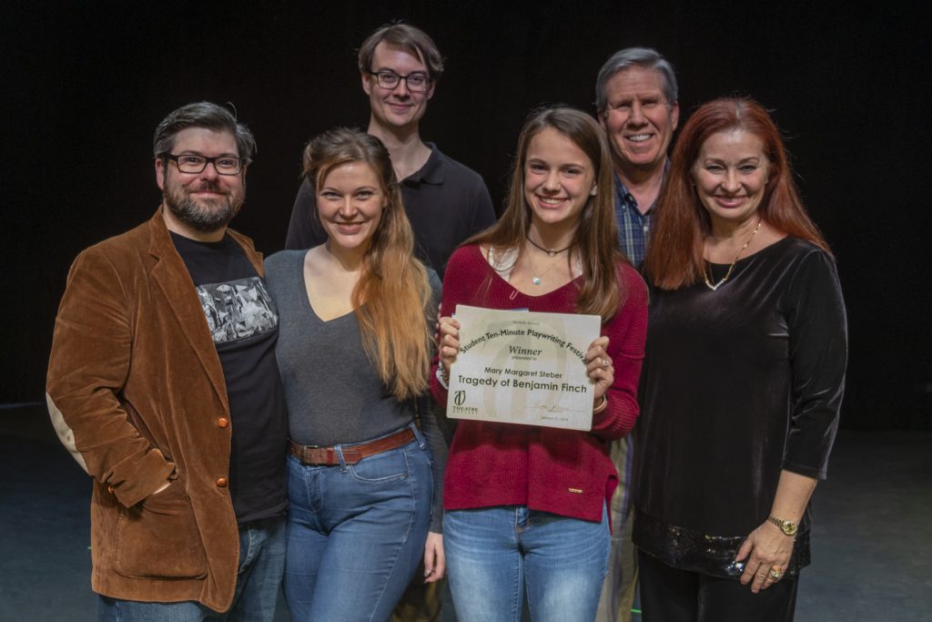 3-Benj Finch cast, director, playwright The Tragedy of Benjamin Finch (L to R): Dylan Jones, Lauren Jones, Philip Troyer, playwright Mary Margaret Steber, Charlie Tyler, director Michele Strauss.