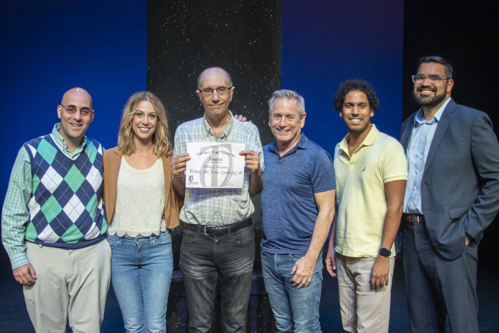 2022 One-Act Kaplan et al Scott Ehrenpreis, Harris Elizabeth King, playwright Philip J Kaplan, director Blake Walton, Anuj Naidu, and Mike DeMaio.