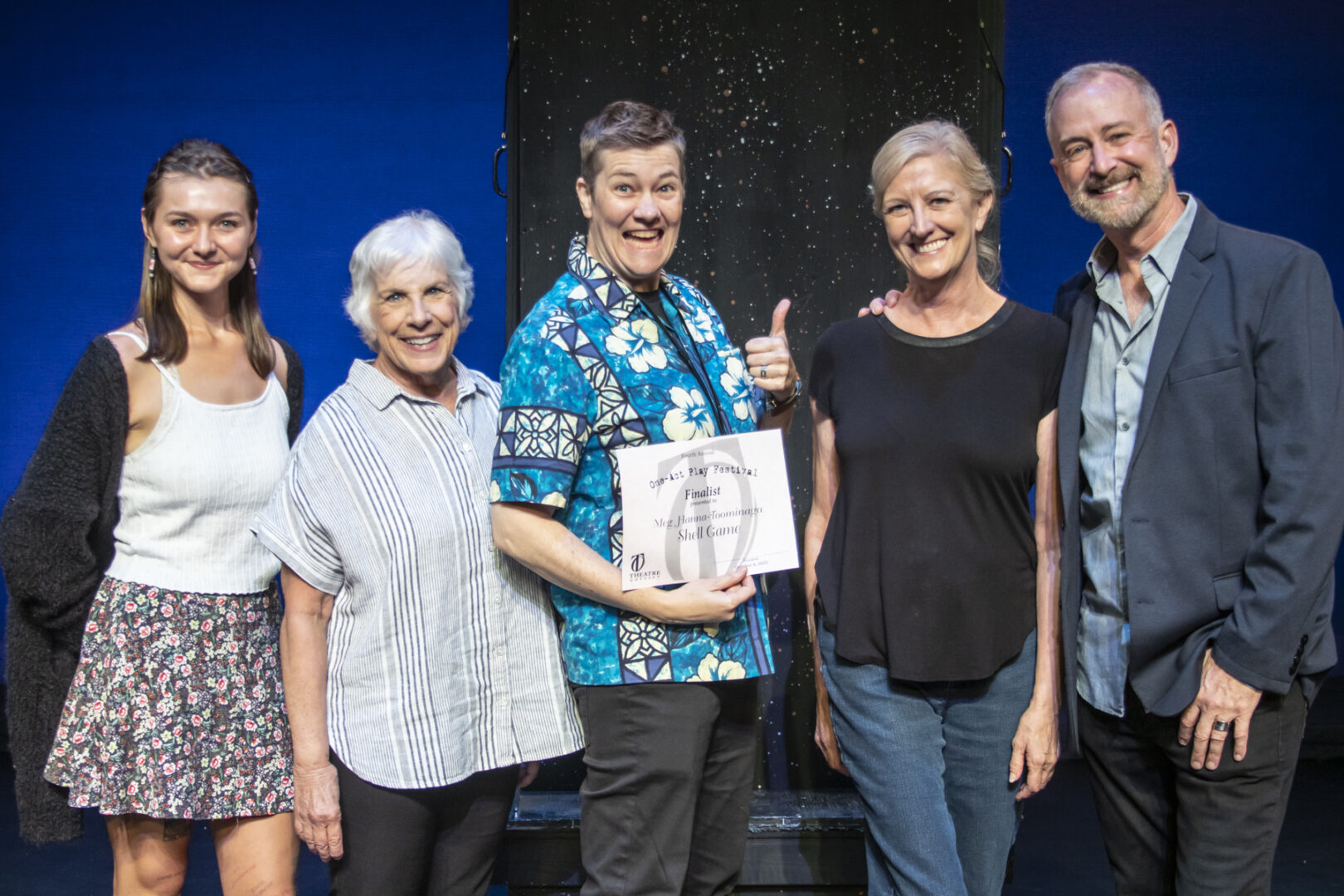 2022 One-Act Shell Game Haley Hines, Ann Gundersheimer, playwright Meg Hanna-Tominaga, Lilian Moore, and director Jeffery Kin.