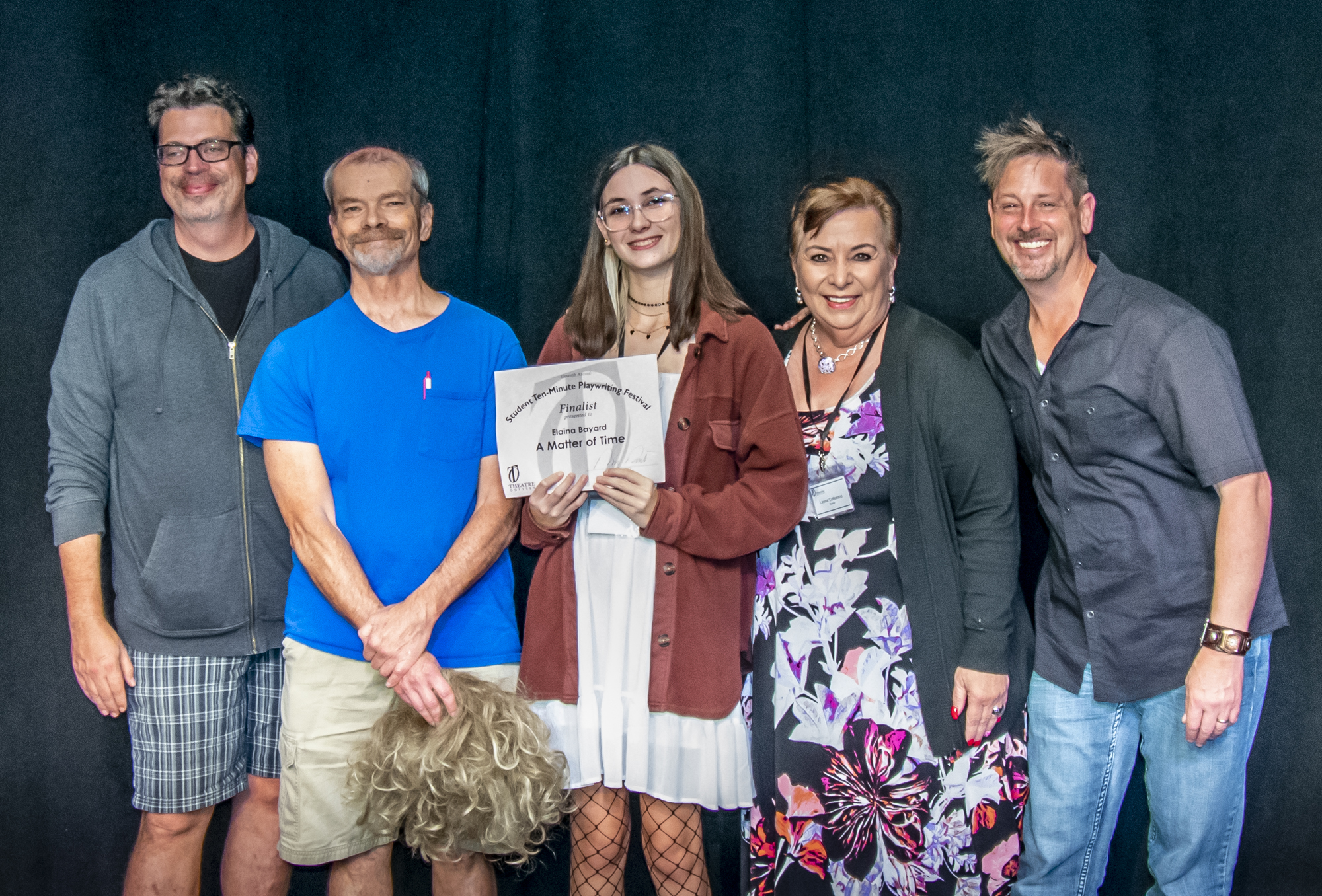 A MATTER OF TIME — Glenn Schudel, Eric Henry, playwright Elaina Bayard, director Leona Collesano, and Shawn Genther.