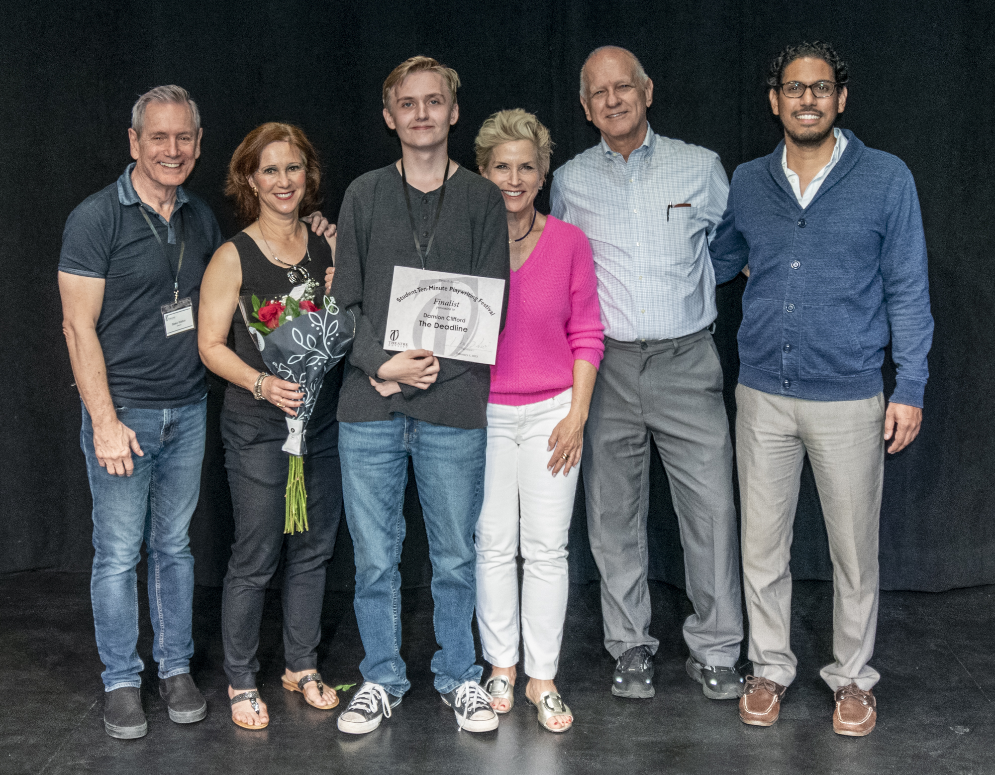 THE DEADLINE—Director Blake Walton, Lucinda Schlotterback, playwright Damion Clifford, Amy Goldman, Joseph Smith, and Anuj Naidu.