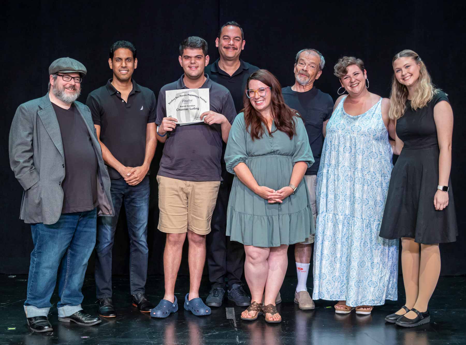 CHANNEL SURFING— Dylan Jones, Anuj Naidu, playwright Aaron Gordon, Charles Agurcia, director Lindsey Nickel, Eric Henry, Sarah Haun, and Allie Walker.