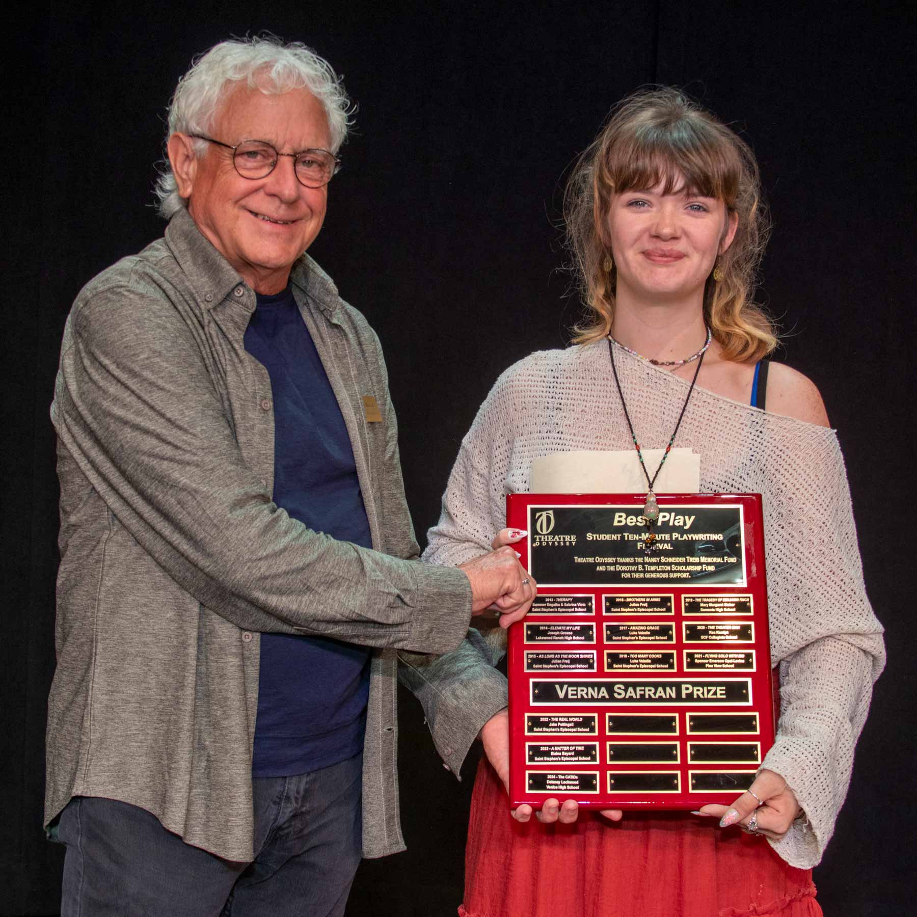 Preston-&-Patricia-Brady-2025-Best-Play Theatre Odyssey Director Emeritus Preston Boyd and Patricia Brady (Lake Gibson High School), winner of the Verna Safran Prize for Best Play.