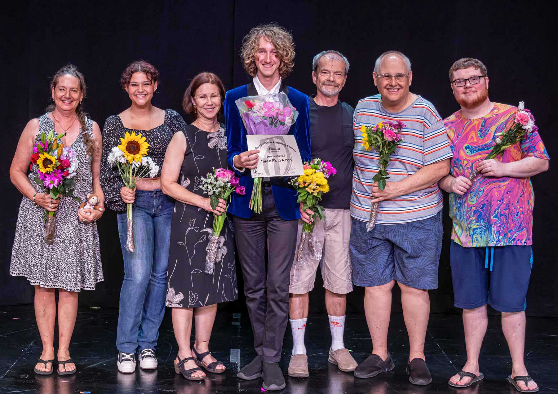 THREE P's IN A POD—Tami Vaughan, Ali Wasmund, director Lucinda Schlotterback, playwright Seamus Kehoe, Eric Henry, Paul Mullen, and Nick Schroeder.
