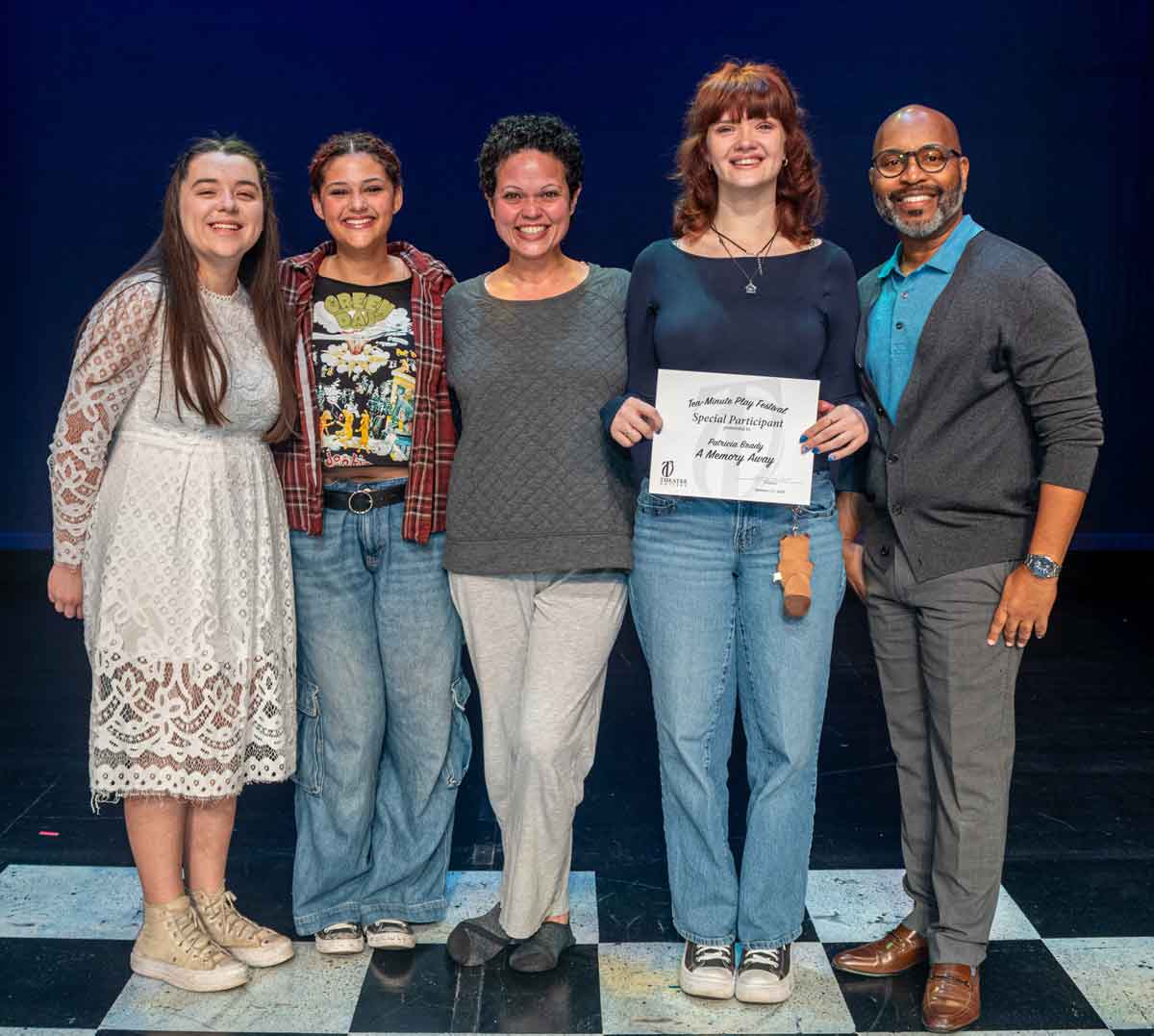 2025 Student Festival Winner: A MEMORY AWAY—Evangeline De La O, Ali Wasmund, Yinoelle Colon, playwight Patricia Brady, Steven Butler. Not Pictured: director Nicol Moeller.