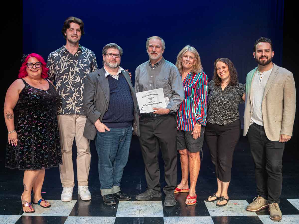 A PROMISING YOUNG MAN—Erica Bommarito, Evan Bradshaw, director Dylan Jones, playwright Ken Preuss, Lynne Doyle, Carrie Greenberg, Joseph Klens.