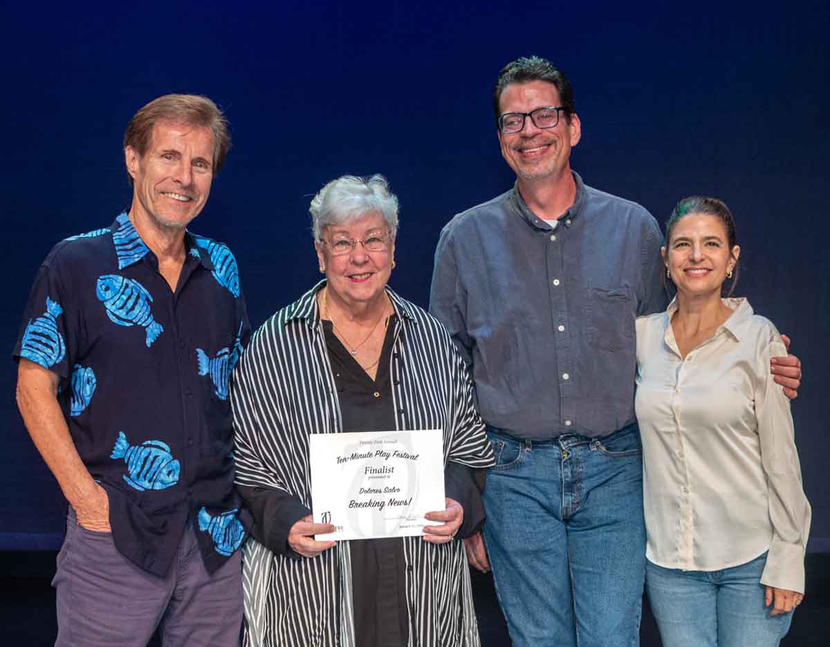 BREAKING NEWS!—Anthony van Eyck, playwright Dolores Salvo, director Glenn Schudel, Julee Breehne.