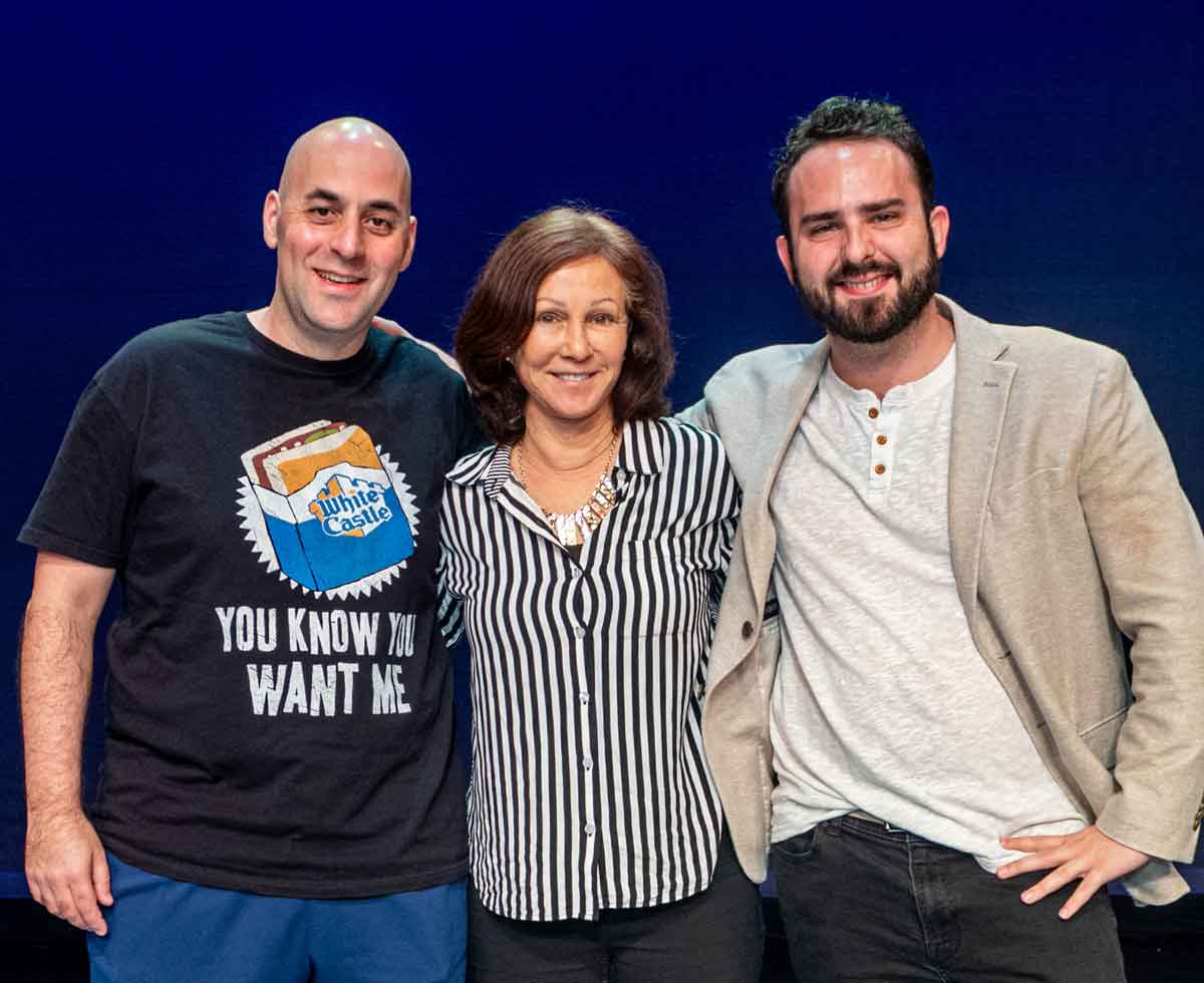 SORTING THROUGH M&Ms—Scott Ehrenpreis, director Lucinda Schlotterback, Joseph Klens. Not pictured: playwright Rishi Chowdhary.