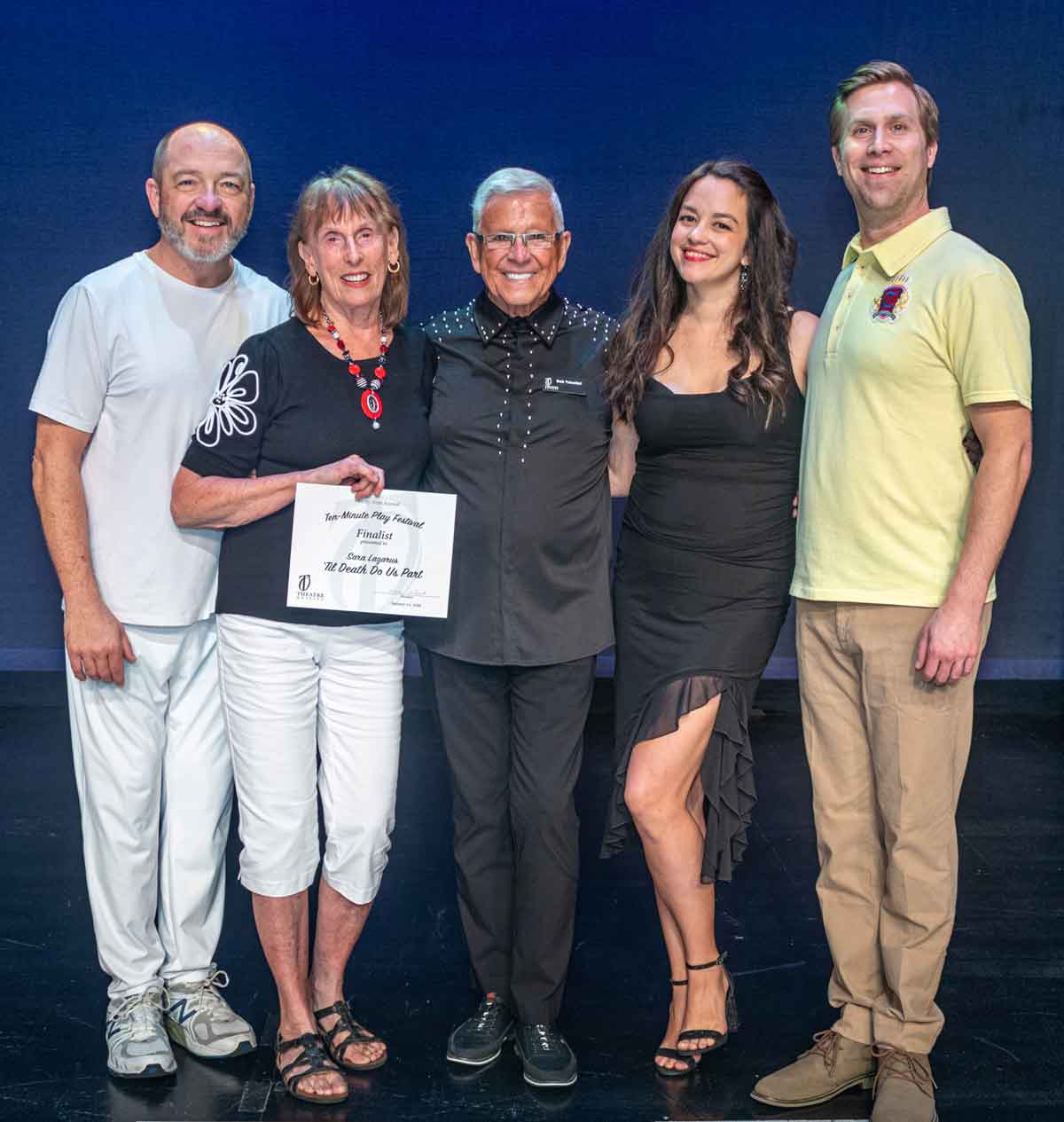 'TIL DEATH DO US PART—Chip Fisher, playwright Sara Lazarus, director Bob Trisolini, Cassandra Santiso, Jared Inman.