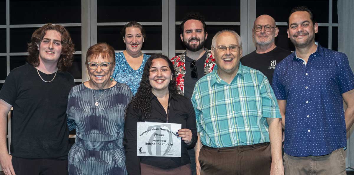 BEHIND THE CURTAIN—Kennedy Cole, director Leona Collesano, Morgan Powis, playwright Jaylene Diaz, Joseph Klens, Paul Mullen, Doug Wetzel, Charlie Agurcia.