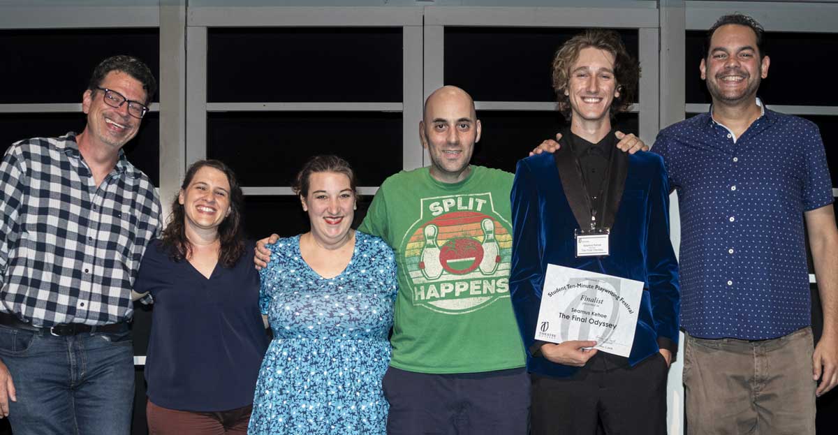 THE FINAL ODYSSEY—Director Glenn Schudel, Carrie Greenberg, Morgan Powis, Scott Ehrenpreis, playwright Seamus Kehoe, Charlie Agurcia.